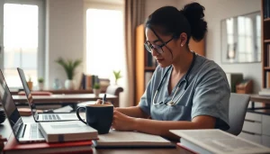 Tips to writing a nursing essay illustrated in a focused study environment with books and materials.