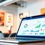 Engaging view of a professional smm panel interface on a laptop screen, showcasing analytics and social media icons.