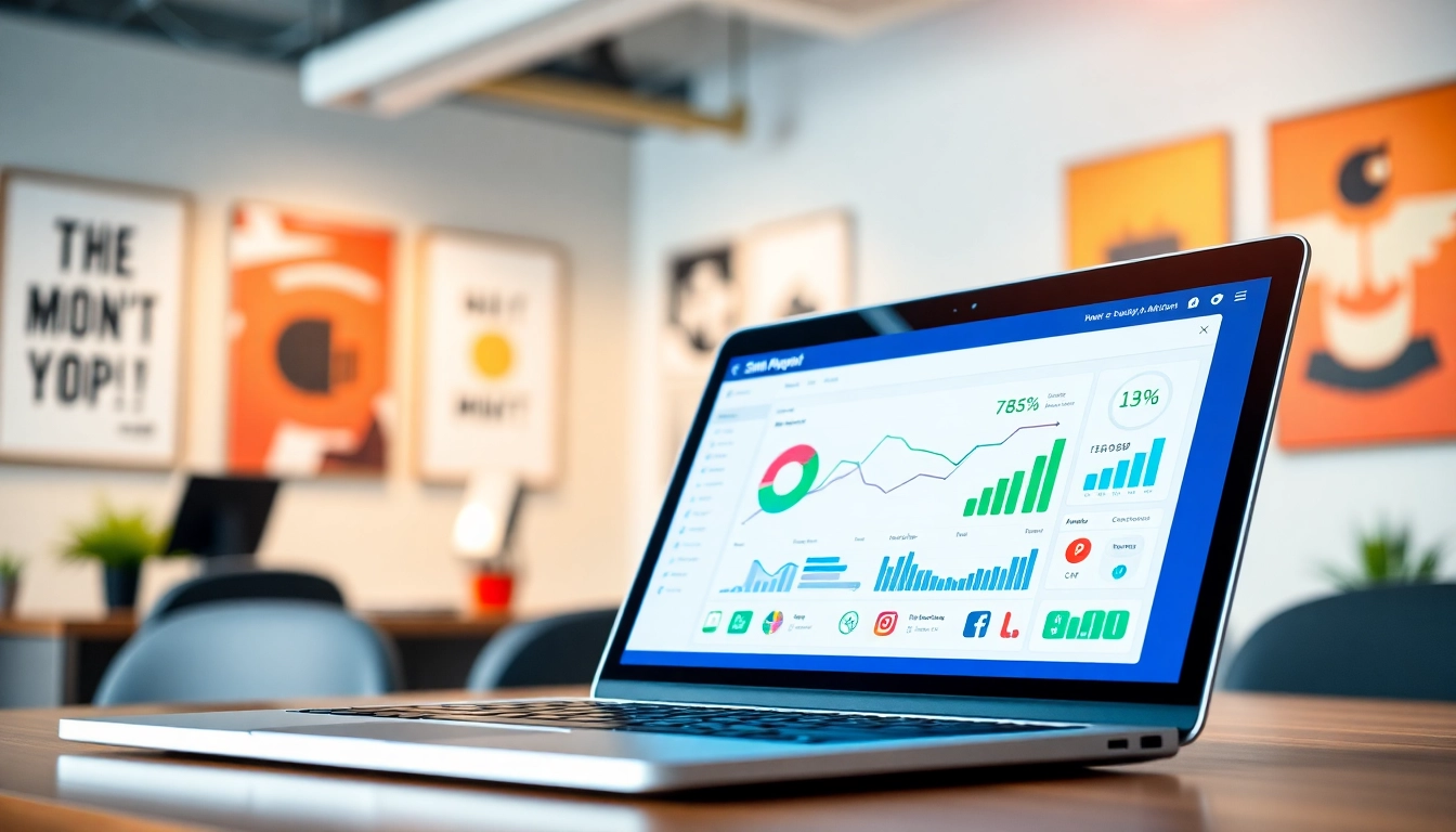 Engaging view of a professional smm panel interface on a laptop screen, showcasing analytics and social media icons.