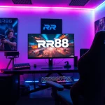 Engaging RR88 gaming setup showcasing high-tech equipment in a vibrant environment.