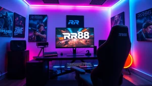 Engaging RR88 gaming setup showcasing high-tech equipment in a vibrant environment.