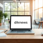 Showcasing the website https://diknews.co.uk on a modern laptop amidst a professional workspace.