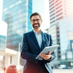 Berater von https://immobilienmakler-bester.de unterstützt Klienten in einer modernen Urbanumgebung.