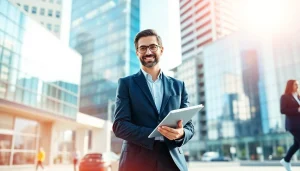 Berater von https://immobilienmakler-bester.de unterstützt Klienten in einer modernen Urbanumgebung.