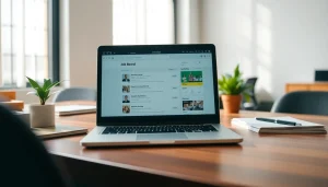 Post a free job post in a bright office setting with a laptop and job listings visible.