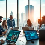 Professionals collaborating with technology tools in a modern workspace setting.