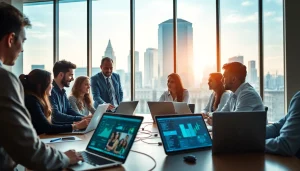 Professionals collaborating with technology tools in a modern workspace setting.