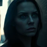 A captivating clean thriller scene featuring a mysterious woman in a dimly lit urban alley.