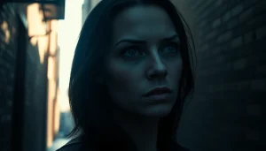 A captivating clean thriller scene featuring a mysterious woman in a dimly lit urban alley.