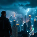 Action thriller hero poised for a daring adventure against a twilight cityscape.