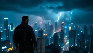 Action thriller hero poised for a daring adventure against a twilight cityscape.