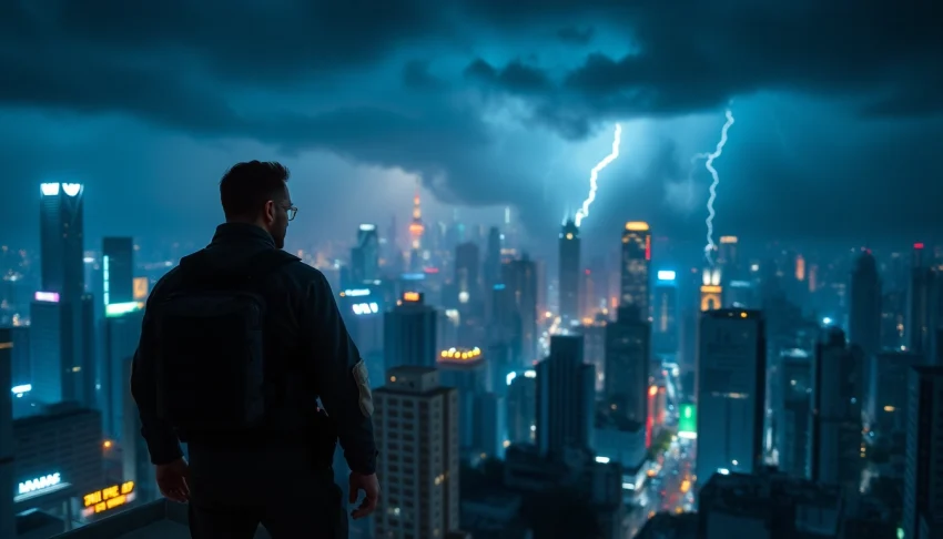 Action thriller hero poised for a daring adventure against a twilight cityscape.