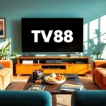Explore a cozy living room showcasing TV88 highlights on a modern flat-screen TV.