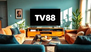 Explore a cozy living room showcasing TV88 highlights on a modern flat-screen TV.