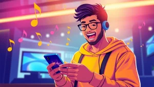 Discover MP3 download options with a vibrant illustration of a person using a smartphone for music.