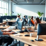 Enhance productivity at a typing center with modern workspaces and engaged professionals.