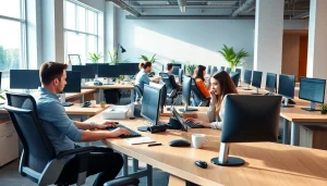 Enhance productivity at a typing center with modern workspaces and engaged professionals.