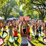 Participants enjoying a vibrant yoga festival surrounded by nature and community.