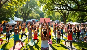 Participants enjoying a vibrant yoga festival surrounded by nature and community.