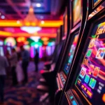Menangkan jackpot pada mesin slot yang berkilau di kasino yang cerah.