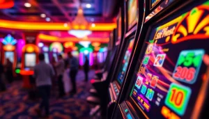 Menangkan jackpot pada mesin slot yang berkilau di kasino yang cerah.