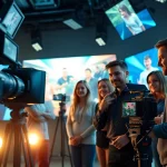 Showcase of a professional video production team engaged in creative filmmaking, emphasizing collaboration.