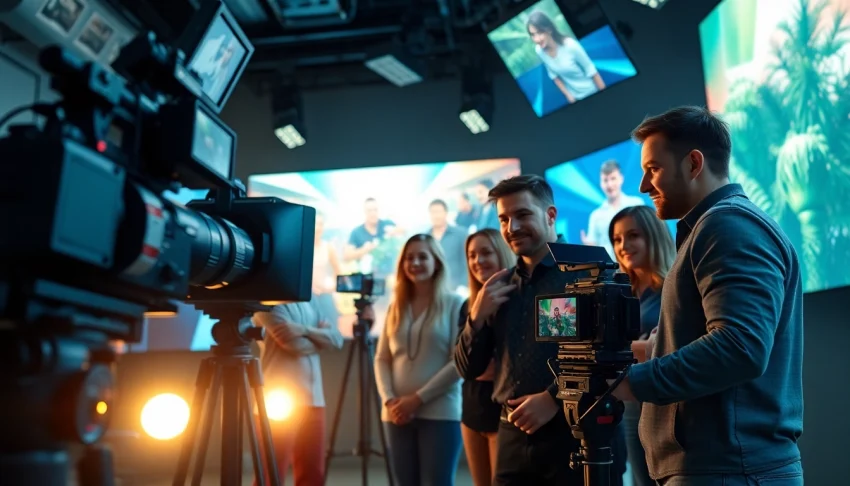 Showcase of a professional video production team engaged in creative filmmaking, emphasizing collaboration.