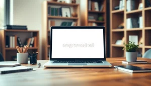 Bekijk de digitale werkruimte voor https://nugevonden.nl met een laptop en moderne kantooraccessoires.