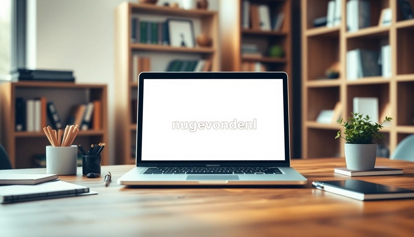 Bekijk de digitale werkruimte voor https://nugevonden.nl met een laptop en moderne kantooraccessoires.