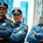 Security Guards standing confidently in an urban setting, showcasing professionalism and vigilance.