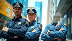Security Guards standing confidently in an urban setting, showcasing professionalism and vigilance.