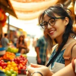 A travel blogger shares updates and insights at https://travelingossip.com, amidst vibrant market scenes.