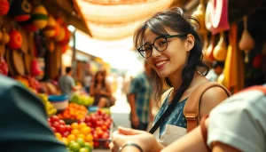 A travel blogger shares updates and insights at https://travelingossip.com, amidst vibrant market scenes.