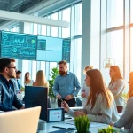 Engaged team working on managed services solutions in a modern office setting.