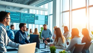 Engaged team working on managed services solutions in a modern office setting.