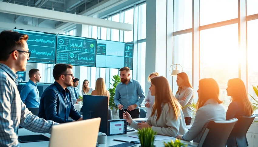 Engaged team working on managed services solutions in a modern office setting.