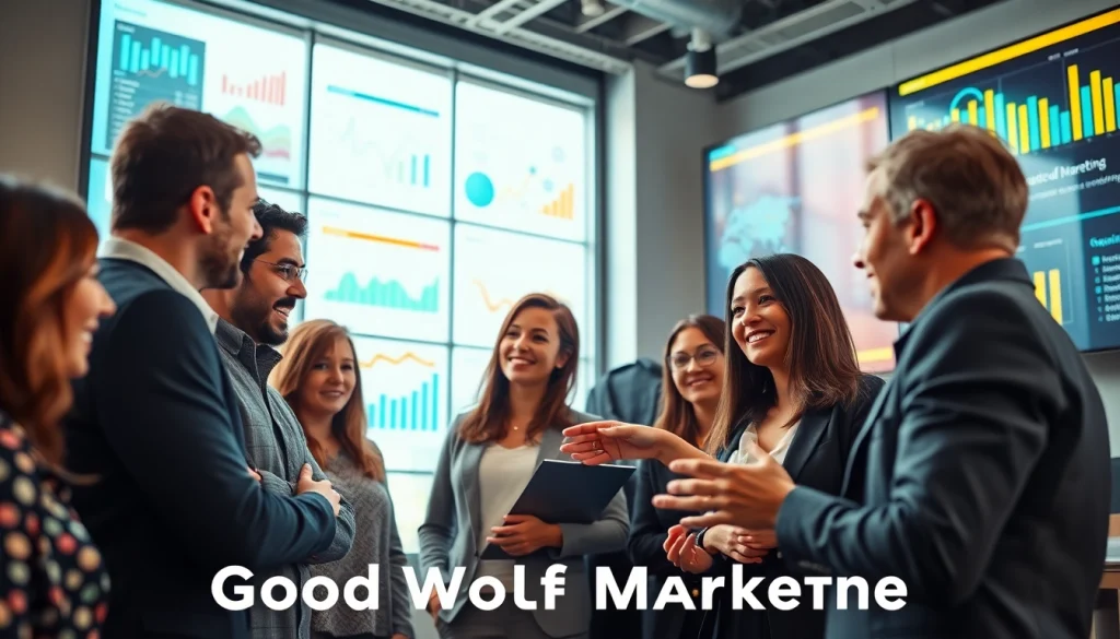 Engaged team discussing strategies for Good Wolf Marketing in a modern office environment.