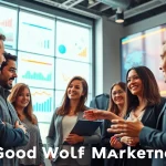 Engaged team discussing strategies for Good Wolf Marketing in a modern office environment.