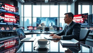 Read about the latest updates on suntimesnews.com while a journalist works in a bustling newsroom.