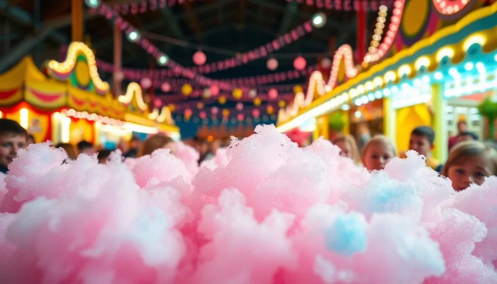 Geniet van verse wafel katoen in een kleurrijke kermisomgeving.