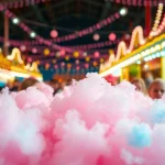 Geniet van verse wafel katoen in een kleurrijke kermisomgeving.