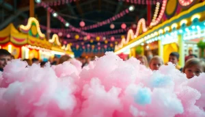 Geniet van verse wafel katoen in een kleurrijke kermisomgeving.