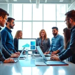 SEO company team analyzing data and collaborating in a lively, modern office.