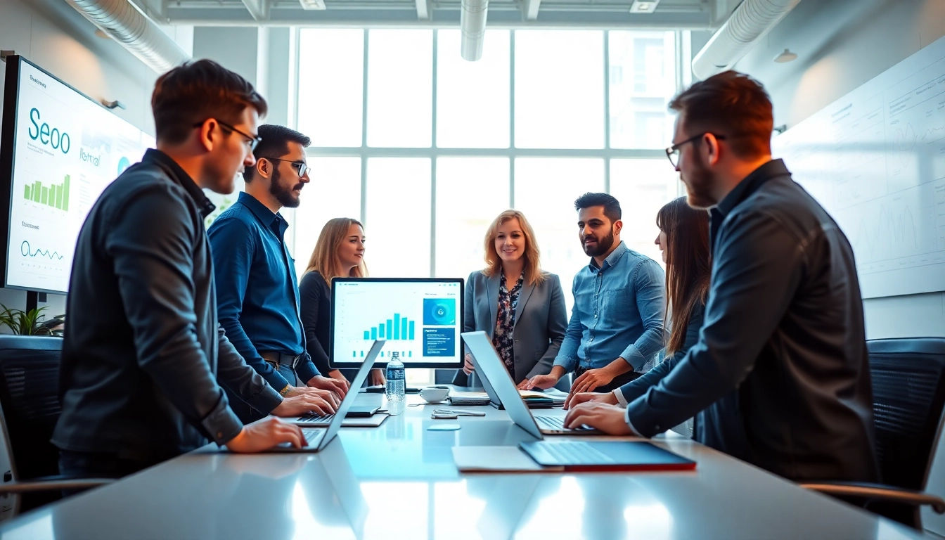 SEO company team analyzing data and collaborating in a lively, modern office.