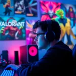 Experience the excitement of valorant download with a gamer focused on their screen in a vibrant setup.