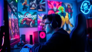 Experience the excitement of valorant download with a gamer focused on their screen in a vibrant setup.