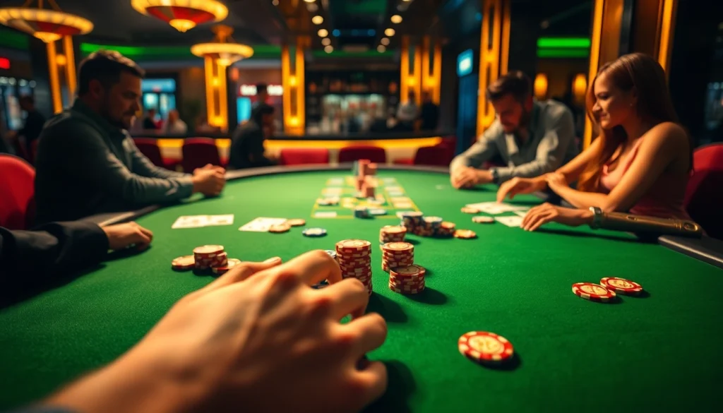 79king players engaging at a vibrant poker table in a lively casino atmosphere.