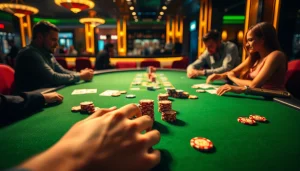 79king players engaging at a vibrant poker table in a lively casino atmosphere.