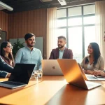 Engaging multilingual professionals at https://www.elitetranslingo.com in a collaborative office setting.