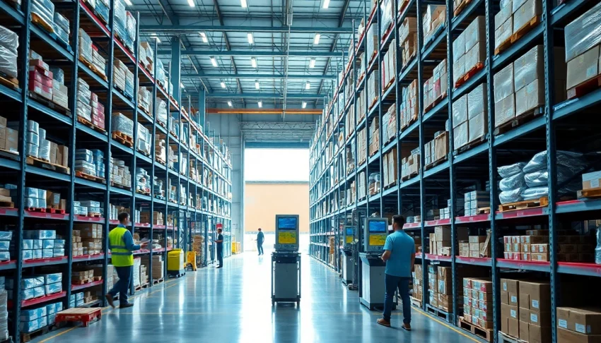 Visual representation of warehousing efficiency with organized inventory processes in a modern warehouse.